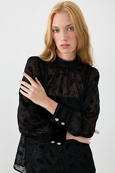 Gusto Flock Printed High-Neck Chiffon Blouse - Black