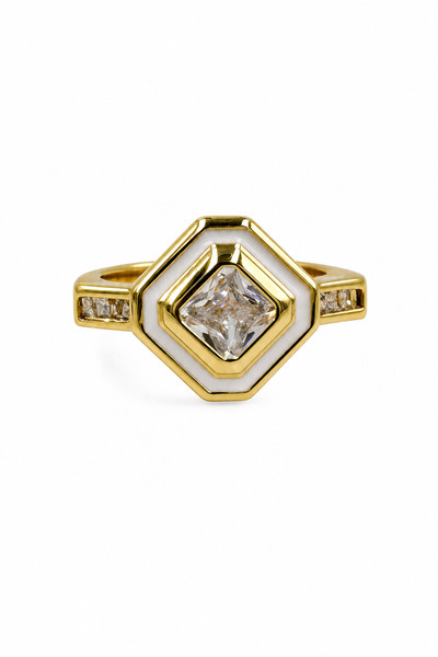 Jack Ferrero Stylish Steel Ring with Yellow Tone Square Stone and White Enamel