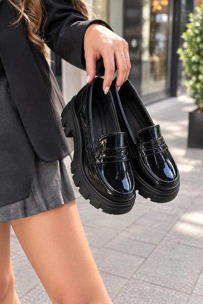 yesmoda Y2K HARAJUKU TARZ BLUCHER OKUL KOLEJ LOAFER SİYAH RUGAN KALIN TABAN M...