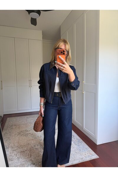 begum mayda Orijinal Model, Derii Yakalı, Poplin Mix Ceket & Pantalon Jean Takım