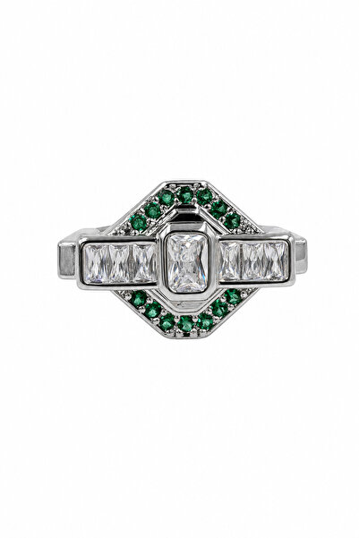 Jack Ferrero Geometric Design Steel Ring with Green and White Stone Detail, M...