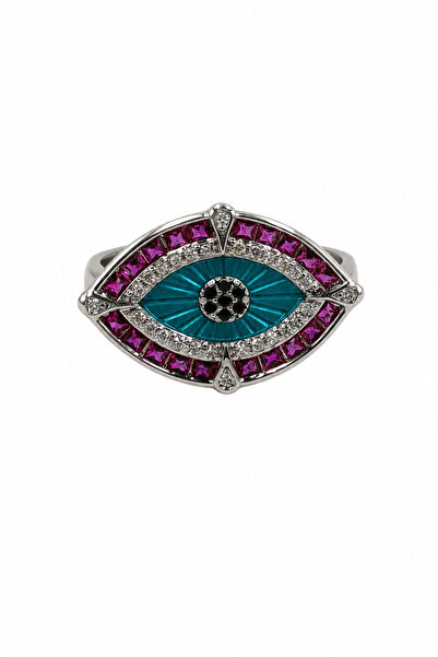 Jack Ferrero Stylish Evil Eye Beaded Turquoise and Fuchsia Stone Steel Ring S...