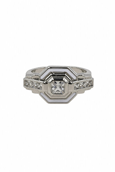 Jack Ferrero Modern Geometric Patterned Gray Steel Ring with White Detailed S...