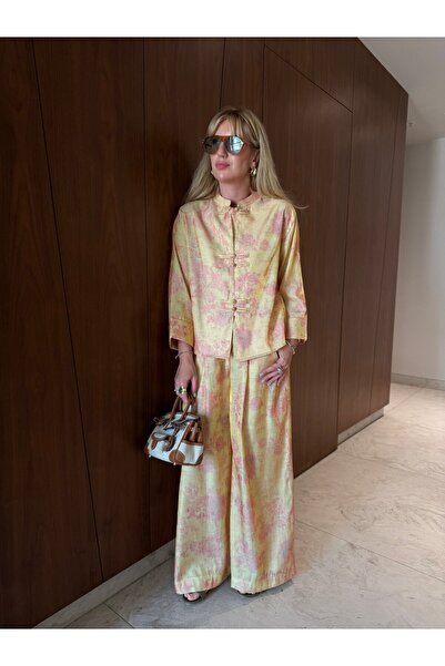 begum mayda Orijinal Model Pembe Desenli, Sarı Premium Takım