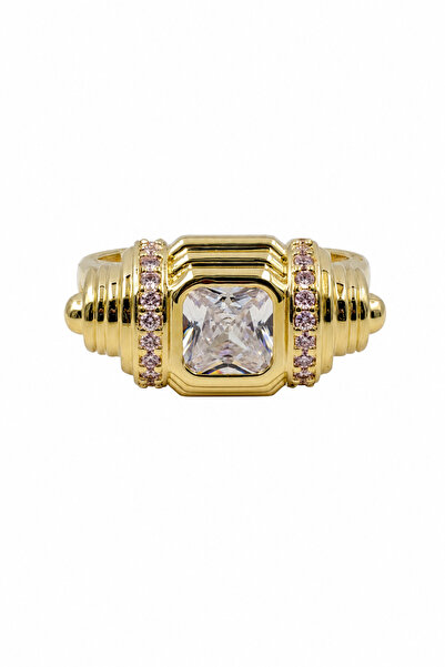 Jack Ferrero Stylish Steel Ring with Yellow Tone Square Stone and Pink Detail