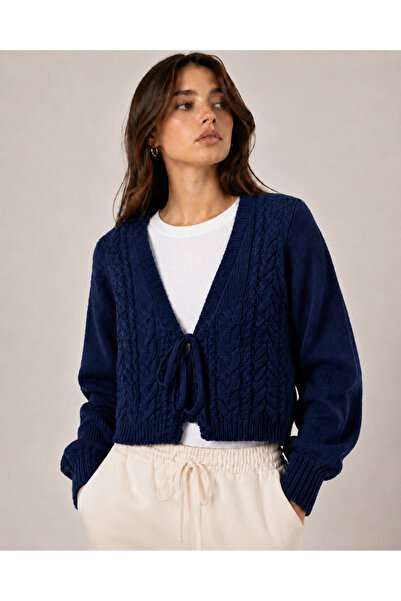 WE&ME Women's V-Neck Tie Hair Braid Patterned Long Sleeve Crop Knitwear Cardigan