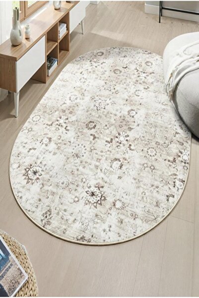 BESELY Antik Bej Oval Makinede Yıkanabilir Leke Tutmaz Dijital Kaymaz Taban M...