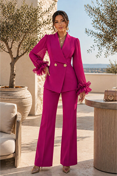 Divin store Compleu elegant fucsia cu sacou și mâneci din organza plisat si v...