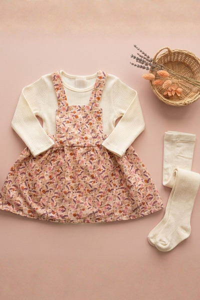 zumino Girl's Floral Patterned Salopet Dress, Ribbed Bodysuit and Pantyhose 3...