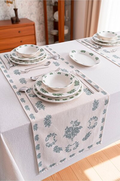 Onedekor Runner din in verde cu flori