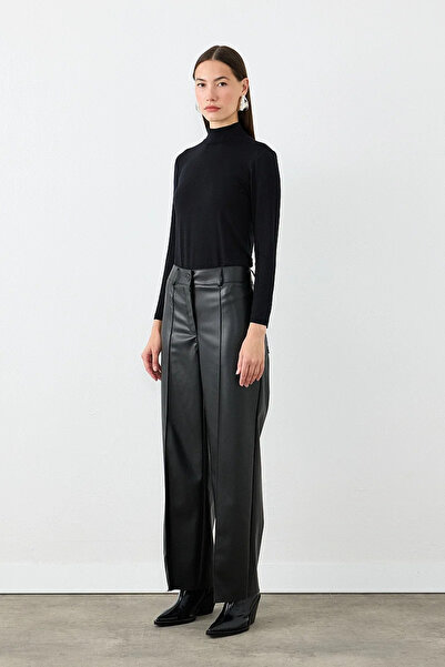 Gusto Ribbed Stitched Wide Leg Leather Trousers - Black