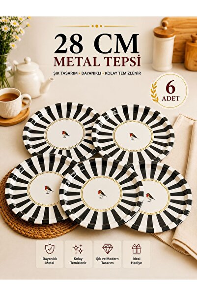 HAZARPAZAR 6 Adet Dekoratif Yuvarlak Metal Tepsi – Sunum Tabağı Çizgili Desen...
