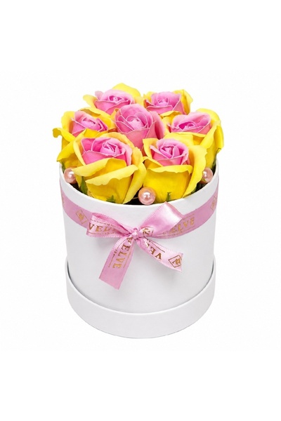 velve Glamour Double Color floral arrangement 7 bicolor soap roses, round box...