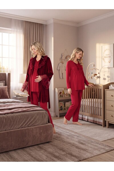 Lohussa New Season Fuchsia Velvet Dressing Gown Winter Buttoned Lace Detailed...