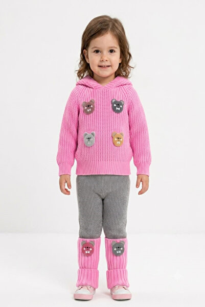 Meriç bebe Teddy Bear Detailed Hooded Sweater, Leggings and Tights 3-Piece Kn...
