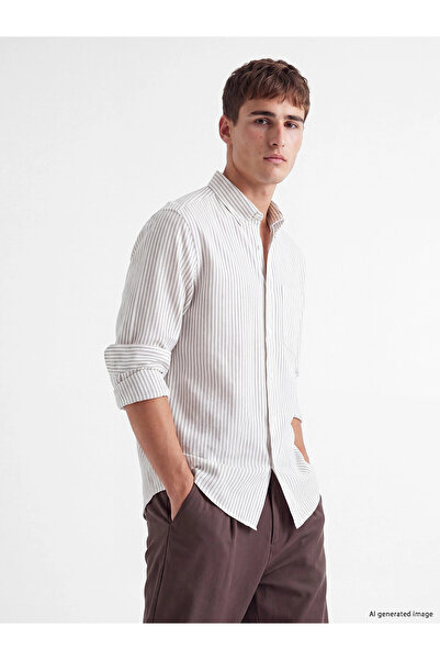 LC Waikiki Lcw Vision Brown Regular Fit Striped Linen Blend Men's Shirt