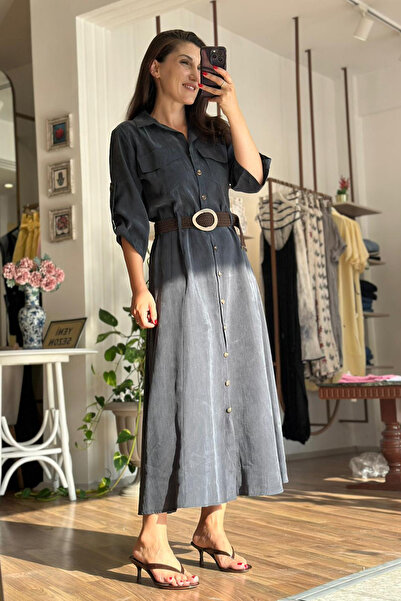 Unique Boutique Anthracite Belted Buttoned Midi Shirt Dress