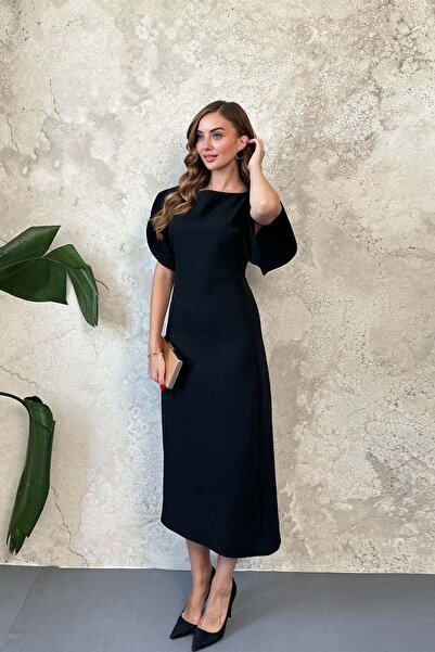 Elbee Fashion Woman Μαύρο Μακρύ Φόρεμα Άτλας