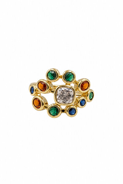 Jack Ferrero Stylish Steel Ring in Yellow Tone Decorated with Multi-Colored S...