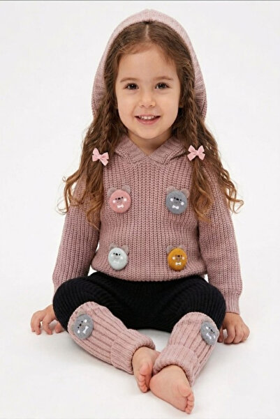 Meriç bebe Teddy Bear Detailed Hooded Sweater, Leggings and Tights 3-Piece Kn...