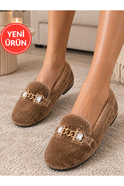 STOCON Luna Stone Chain Detailed Plush Women's Home Shoes Home Slippers Dowry...
