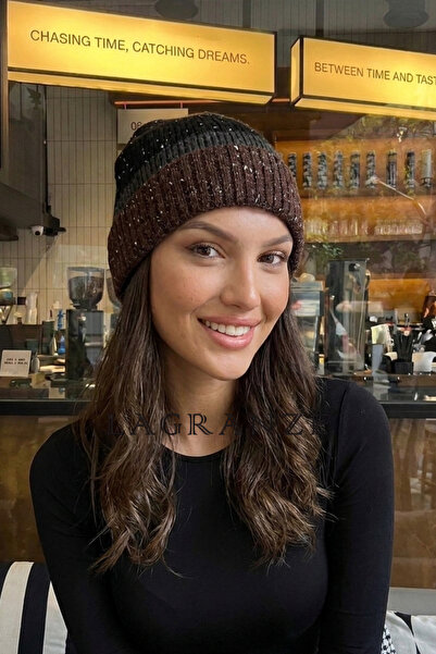 LAGRANZE Gray Textured Block Striped Curly Unisex Beanie