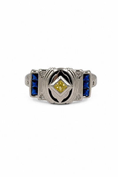 Jack Ferrero Stylish Design Gray Steel Ring with Yellow and Blue Stone Detail...