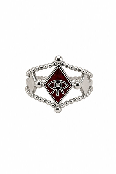 Jack Ferrero Red Enameled Twisted Design Ring with Steel Eye Detail