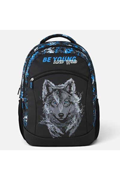 IRO Black & Blue Backpack with Wolf Pattern - 31x15x45cm