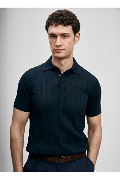 Lufian Lacivert Erkek Slim Fit Fitilli Polo T-Shirt BOLD