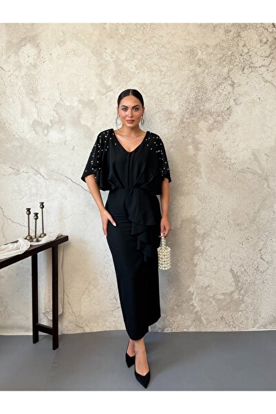 Elbee Fashion Woman Rochie neagră tip pelerină cu perle