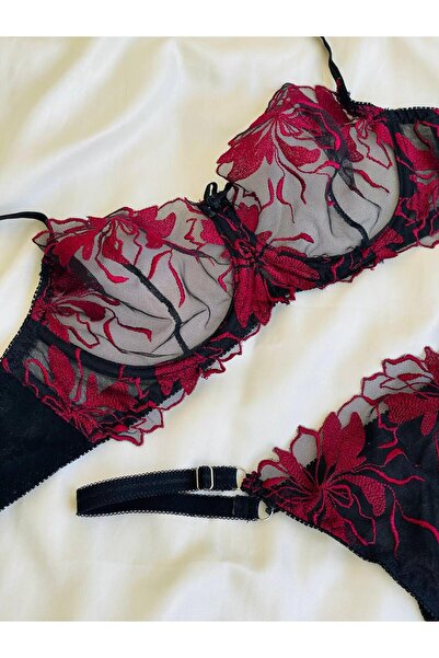 Genel Markalar LA NUIT LINGERIE Botanica Kırmızı Nakışlı Sütyen Takımı