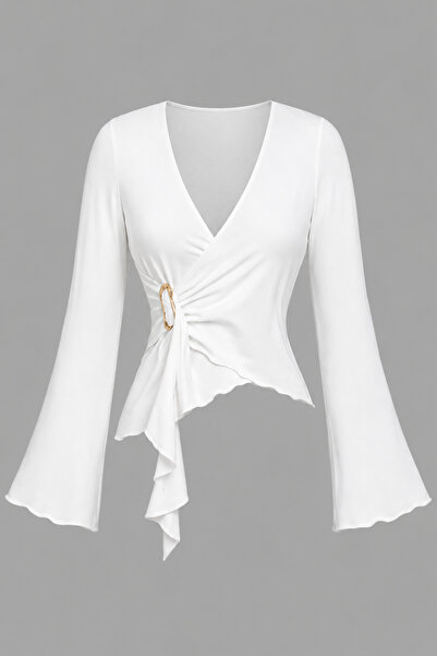 ecemore V-Neck Buckle Accessory Detailed Asymmetrical Long Sleeve Blouse