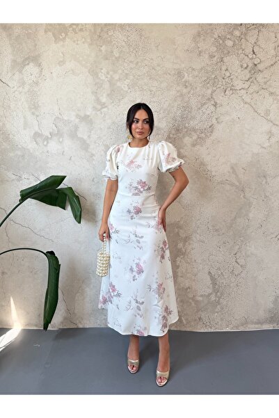 Elbee Fashion Woman Εκρού Φόρεμα Άτλας με Σχέδιο Εκρού