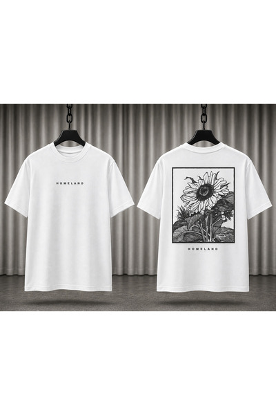 Homeland Sunflower Çiçek Baskılı Kısa Boy Oversize Beyaz Unisex Tişört
