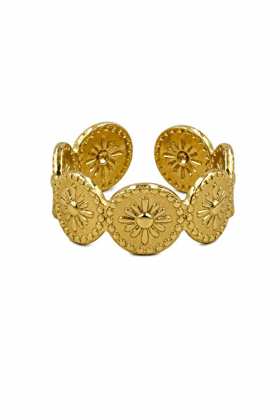 Jack Ferrero Steel Adjustable Sun Patterned Yellow Tone Ring