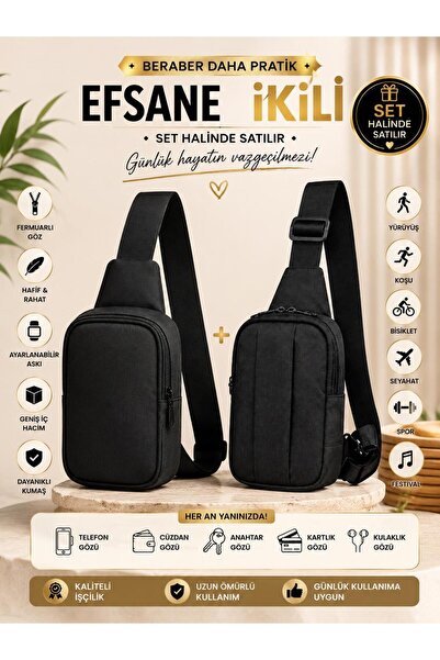 Sofia Unisex Set Black Crossbody Bag with Strap Waist Bag