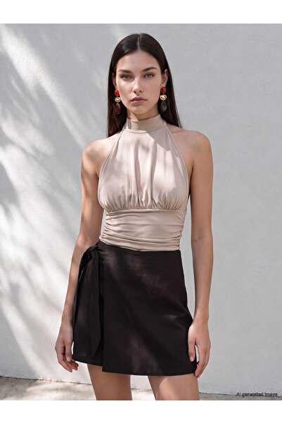 LC Waikiki Two Mt Shop Quality Tie-Waist Wrap 100% Linen Mini Skirt