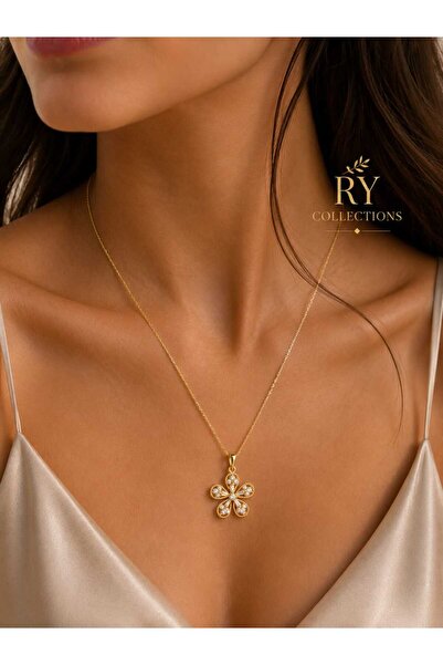 rycollections Gold Necklace with Flower Figures, Zircon Stones and Pearls