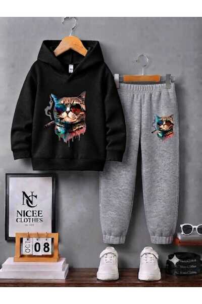 Leto Lykia Children's Tracksuit Set Unisex (Cat with Glasses Winter Print)