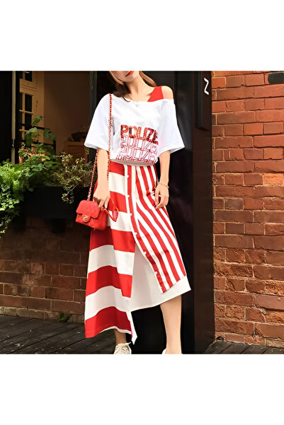 dorbe Women's White Red Striped Two-Piece Skirt Set