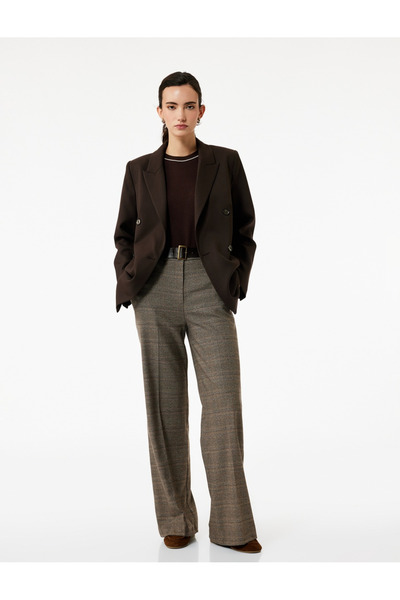 Koton Straight Wide-Leg Plaid Fabric Trousers with Belted Pockets