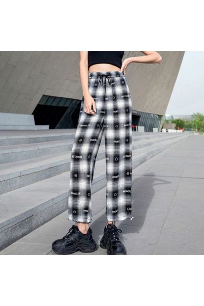 dorbe Women's Black Plaid Wide-Leg Trousers