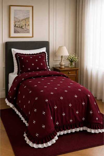 İK TEKSTİL Elora 100% Cotton Double Color Ruffled and Floral Embroidered 4 Pi...