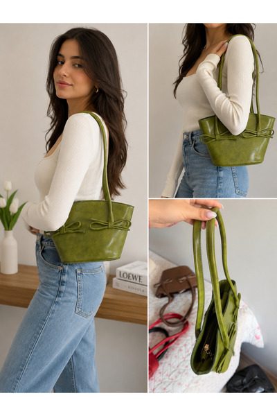 emelimin Women's Green Khaki Bow Detailed Shoulder Bag – Stylish Daily Mini T...