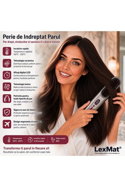 LexMat ®   Perie de îndreptat părul fără fir, Ioni negativi, Afișaj LCD, 11 setări de temperatură, 120-230 ° C, USB Tip-C, Gri
