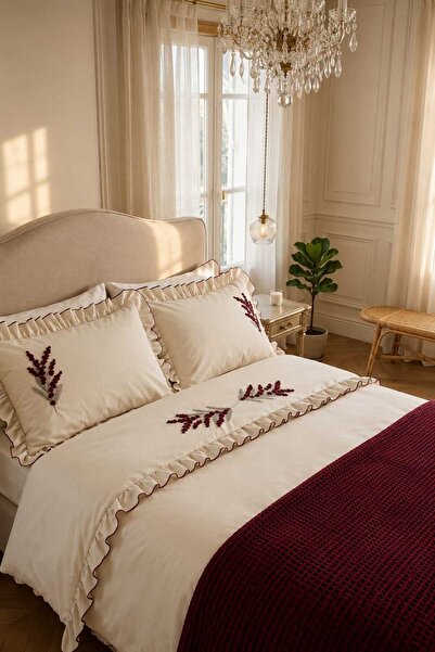 İK TEKSTİL Trigo Burgundy Floral Embroidered Cotton Duvet Cover Set 7 Piece M...