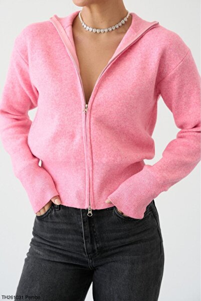 CADDELAMODA Women's Stand Collar Double Zipper Soft Cardigan