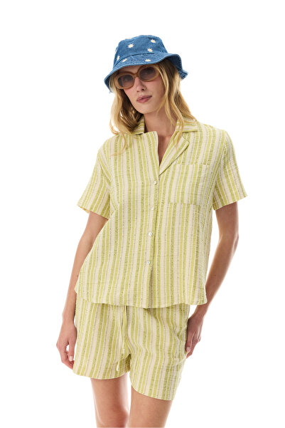 Mudo Women's Green Striped Resort Collar Short Sleeve Shirt