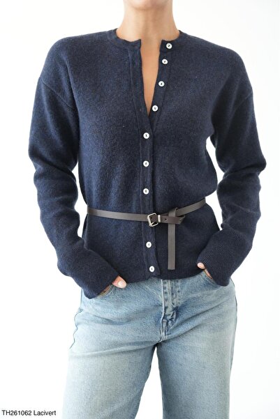 CADDELAMODA Women's Belt Detailed Multi-Button Soft Cardigan